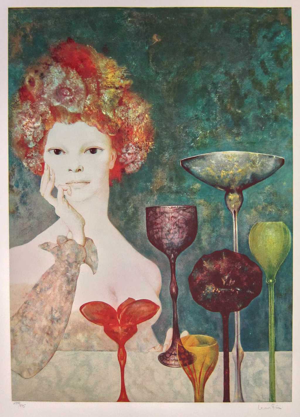 Leonor Fini - Les Lecons Plate 01 - The Guardian of the Wells (Woman with Glasses) - 1976 color serigraph